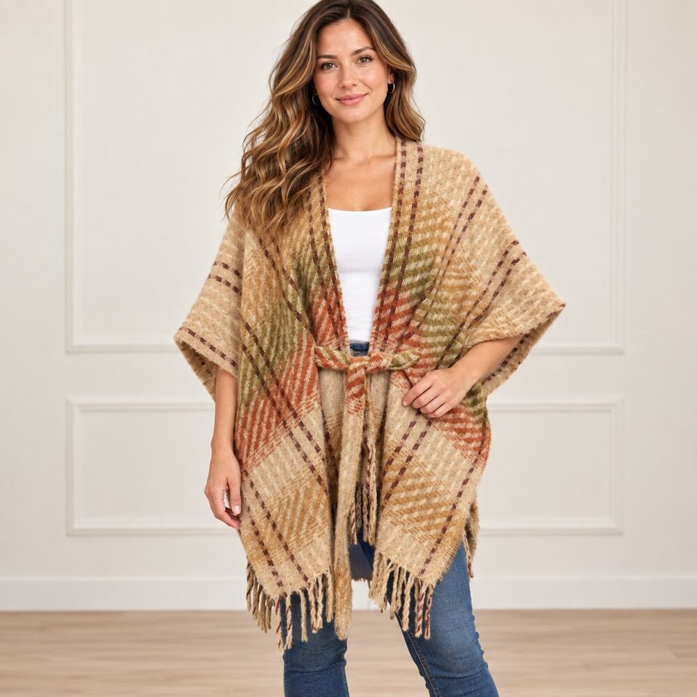 Women's One Size Plaid Poncho Ruana Wrap Belted Fringe Cape Boho Tan Rust Olive